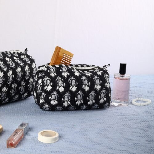 Set Of 3 Cotton Quilted Toiletry Pouches In Black Cosmetic Pouches For Gifting - Image 7