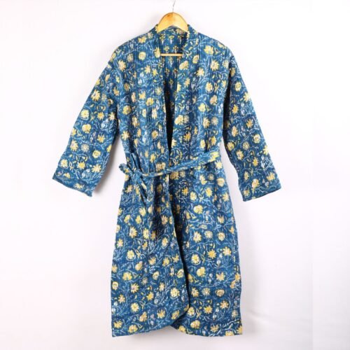 Wardrobe Essential Block Printed Cotton Quilted Kimono In Blue With Spacious Pockets