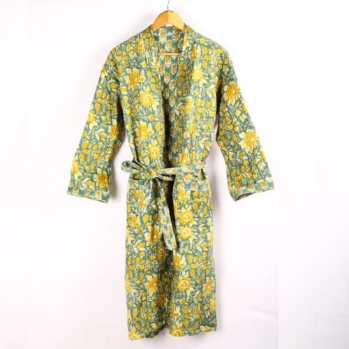 Relax Morning 100% Cotton Quilted Kimono Soft And Breathable Reversible Robe In Green-Yellow