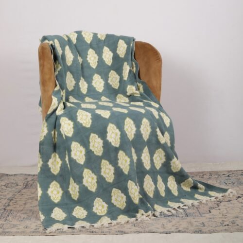 Softs and Durable Block Printed Buta Cotton Throw Blanket In Sea Green - Image 3