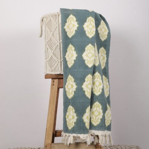 Softs and Durable Block Printed Buta Cotton Throw Blanket In Sea Green - Image 2