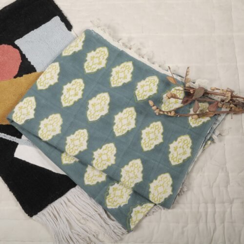 Softs and Durable Block Printed Buta Cotton Throw Blanket In Sea Green - Image 4