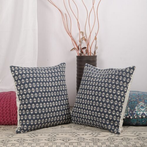 Breathable Handcrafted Paddle Woven Cotton Cushion Cover in Blue - Image 4