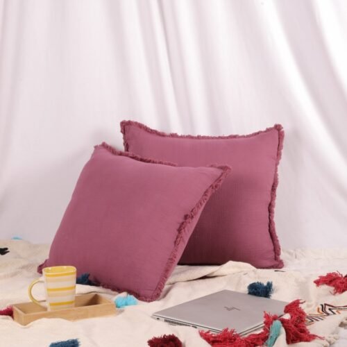 Soft And Breathable Set of 2 Double Gauze Cushion Cover With Crinkled Texture In Rose Wine - Image 4