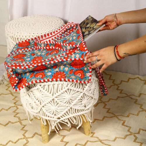 Hand Crafted Quilted Tote Bag Florals Block Printed In Red-Blue - Image 3