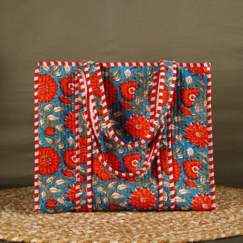 Hand Crafted Quilted Tote Bag Florals Block Printed In Red-Blue - Image 2