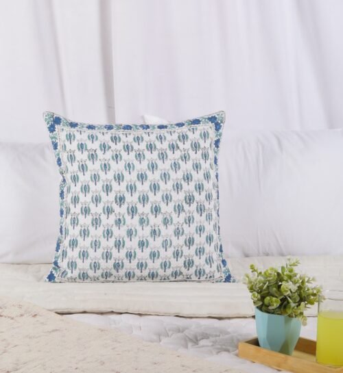 Soft Cotton Waffle Texture Block Printed Cushion Cover In White & Blue - Image 9