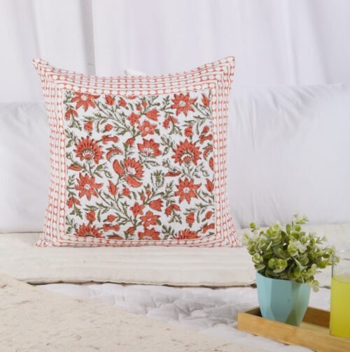 Light Weighted Cotton Waffle Cushion Cover Floral Jaal Block Printed In White & Rust - Image 9