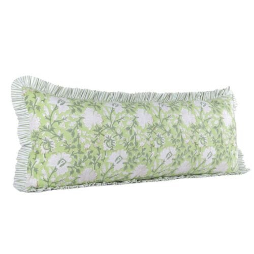 Feel Of Nature Cotton Block Printed Cushion Cover In Light Green With Frills - Image 2