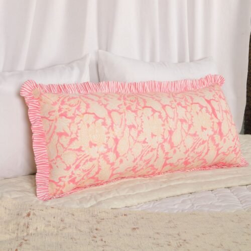 Soft With Beauty Cotton Block Printed Cushion Cover In Soft Pink With Frills - Image 3