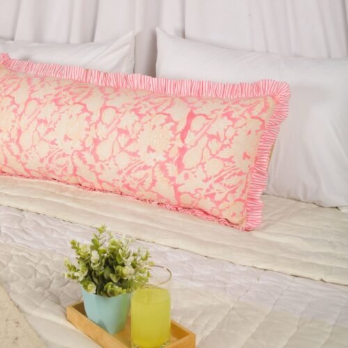 Soft With Beauty Cotton Block Printed Cushion Cover In Soft Pink With Frills - Image 4
