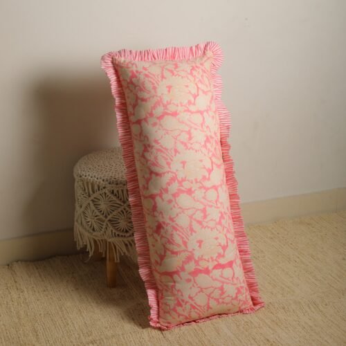Soft With Beauty Cotton Block Printed Cushion Cover In Soft Pink With Frills - Image 5