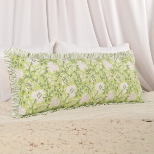 Feel Of Nature Cotton Block Printed Cushion Cover In Light Green With Frills - Image 6