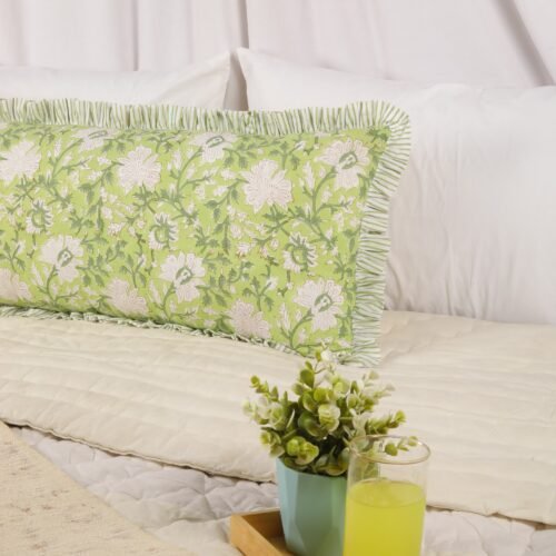 Feel Of Nature Cotton Block Printed Cushion Cover In Light Green With Frills - Image 7
