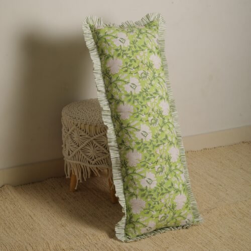 Feel Of Nature Cotton Block Printed Cushion Cover In Light Green With Frills - Image 8