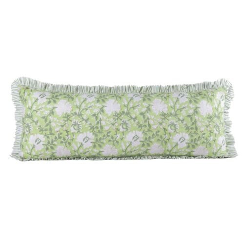 Feel Of Nature Cotton Block Printed Cushion Cover In Light Green With Frills - Image 10