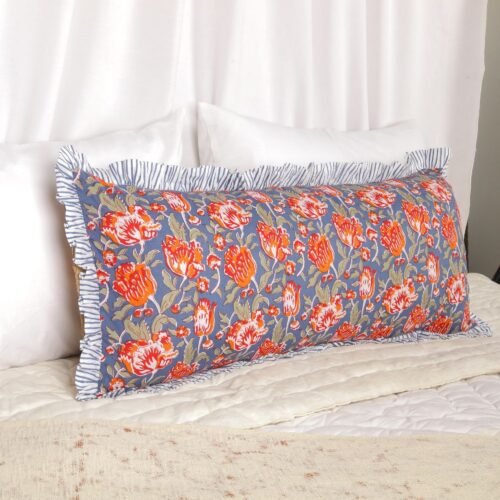 Elegant Cotton Block Printed Cushion Cover In Blue & Red With Frills - Image 2