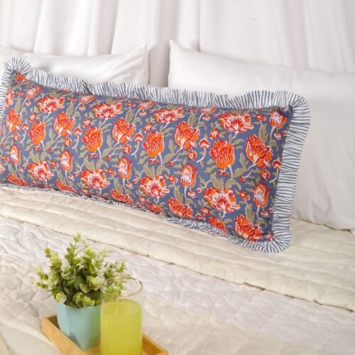 Elegant Cotton Block Printed Cushion Cover In Blue & Red With Frills - Image 3