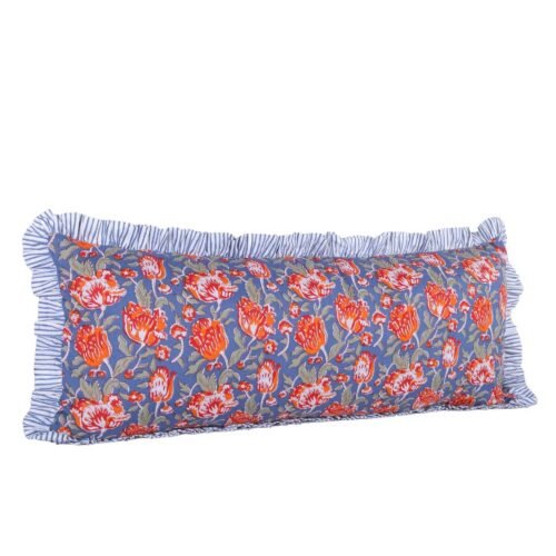 Elegant Cotton Block Printed Cushion Cover In Blue & Red With Frills - Image 8