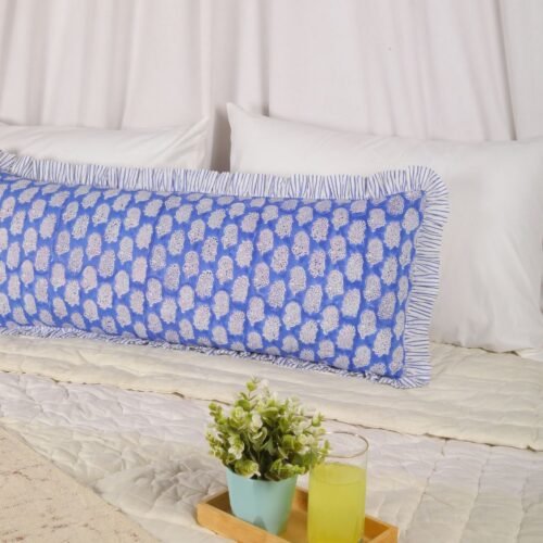 Comfort Feel Cotton Block Printed Cushion Cover In Blue With Frills - Image 2