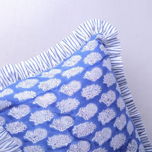 Comfort Feel Cotton Block Printed Cushion Cover In Blue With Frills - Image 3