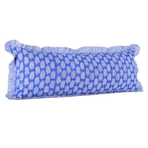 Comfort Feel Cotton Block Printed Cushion Cover In Blue With Frills - Image 6