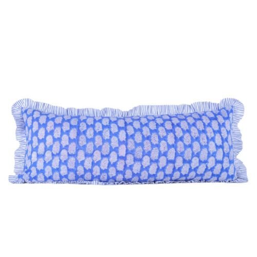 Comfort Feel Cotton Block Printed Cushion Cover In Blue With Frills - Image 7