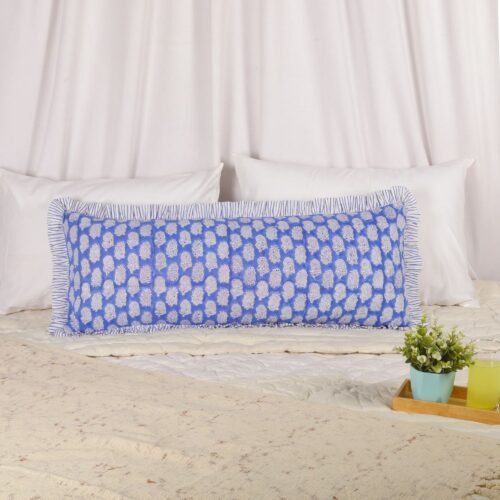 Comfort Feel Cotton Block Printed Cushion Cover In Blue With Frills - Image 8