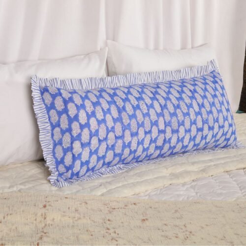Comfort Feel Cotton Block Printed Cushion Cover In Blue With Frills - Image 9