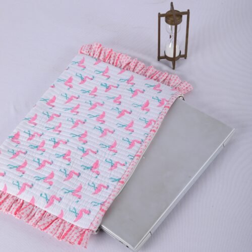 Block Printed Flamingo With Frills Cotton Quilted Laptop Sleeves Bag In Baby Pink - Image 3