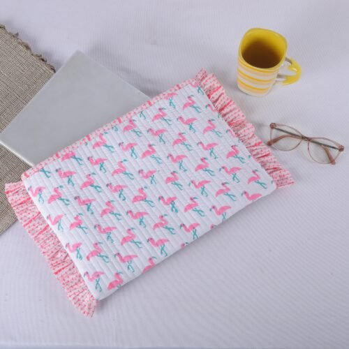 Block Printed Flamingo With Frills Cotton Quilted Laptop Sleeves Bag In Baby Pink