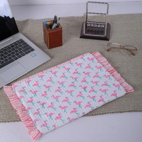 Block Printed Flamingo With Frills Cotton Quilted Laptop Sleeves Bag In Baby Pink - Image 5