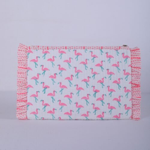 Block Printed Flamingo With Frills Cotton Quilted Laptop Sleeves Bag In Baby Pink - Image 6