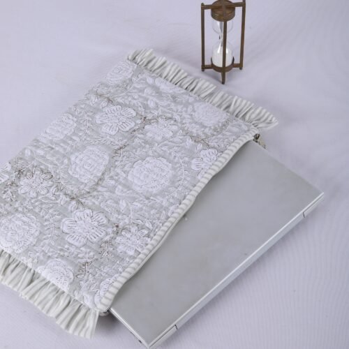 Block Printed Floral Jaal Laptop Sleeves With Frills In Gray - Image 6