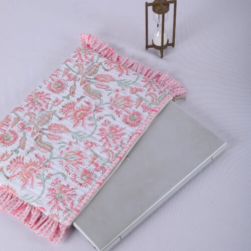 Protective Cotton Quilted Laptop Sleeves With Frills In White & Pink - Image 3