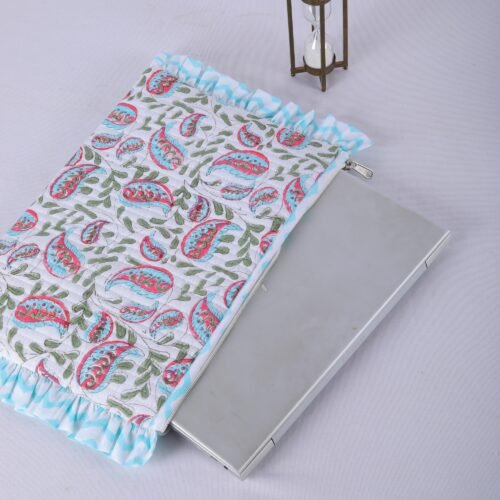 Classic Work Sleeve Buta Patti Design Cotton Quilted Laptop Sleeves Withn Frills - Image 3