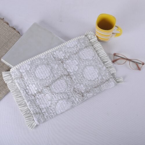 Block Printed Floral Jaal Laptop Sleeves With Frills In Gray