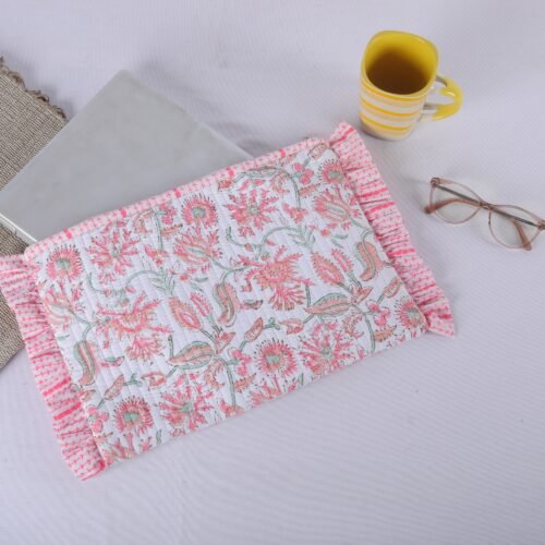 Protective Cotton Quilted Laptop Sleeves With Frills In White & Pink