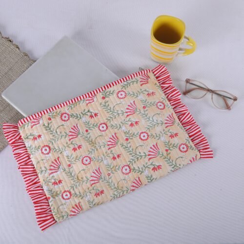 Bloom Block Printed Cotton Quilted Laptop Sleeves With Frills In Peach