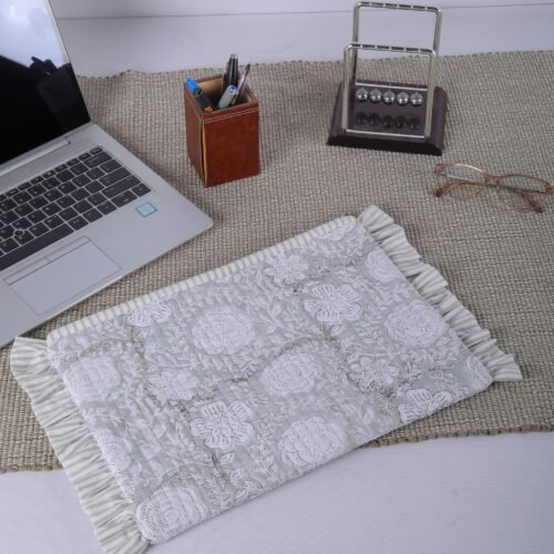 Block Printed Floral Jaal Laptop Sleeves With Frills In Gray - Image 4