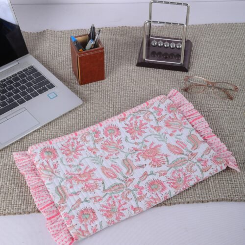 Protective Cotton Quilted Laptop Sleeves With Frills In White & Pink - Image 5