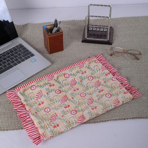 Bloom Block Printed Cotton Quilted Laptop Sleeves With Frills In Peach - Image 5