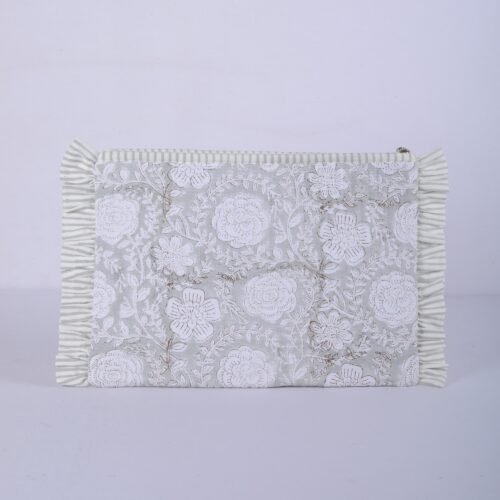 Block Printed Floral Jaal Laptop Sleeves With Frills In Gray - Image 3