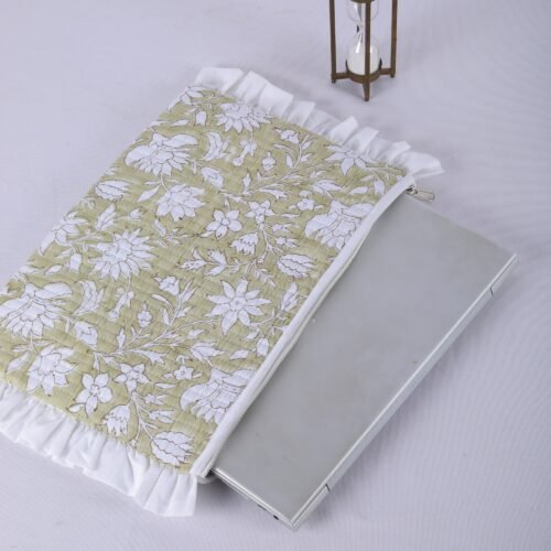Office Essential Floral Design Cotton Quilted laptop Sleeves With Frills - Image 6