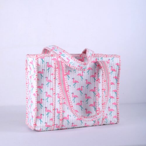 Block Printed Flamingo Cotton Quilted Tote Bag In Baby Pink - Image 3