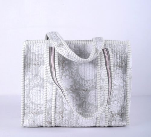Block Printed Floral Jaal Tote Bag In Grey