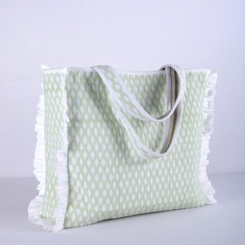 Small Buta With Frills Block Printed Tote Bag In Light Green - Image 3