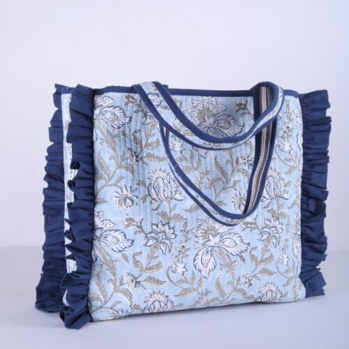 Dreamy Frills Cotton Quilted Tote Bag In Powder Blue - Image 3