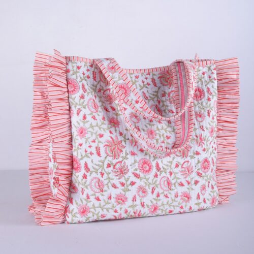 Elegant Frills Cotton Block Printed Tote Bag - Image 3