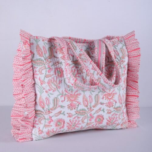 The Frilled Garden Block Printed Cotton Quilted Tote Bag - Image 3